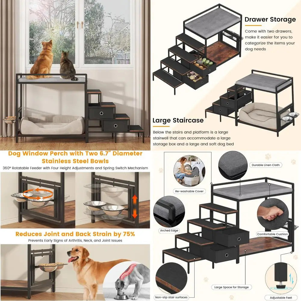 360 Rotating Adjustable Pet Feeder Perch Staircase Bed With Drawers