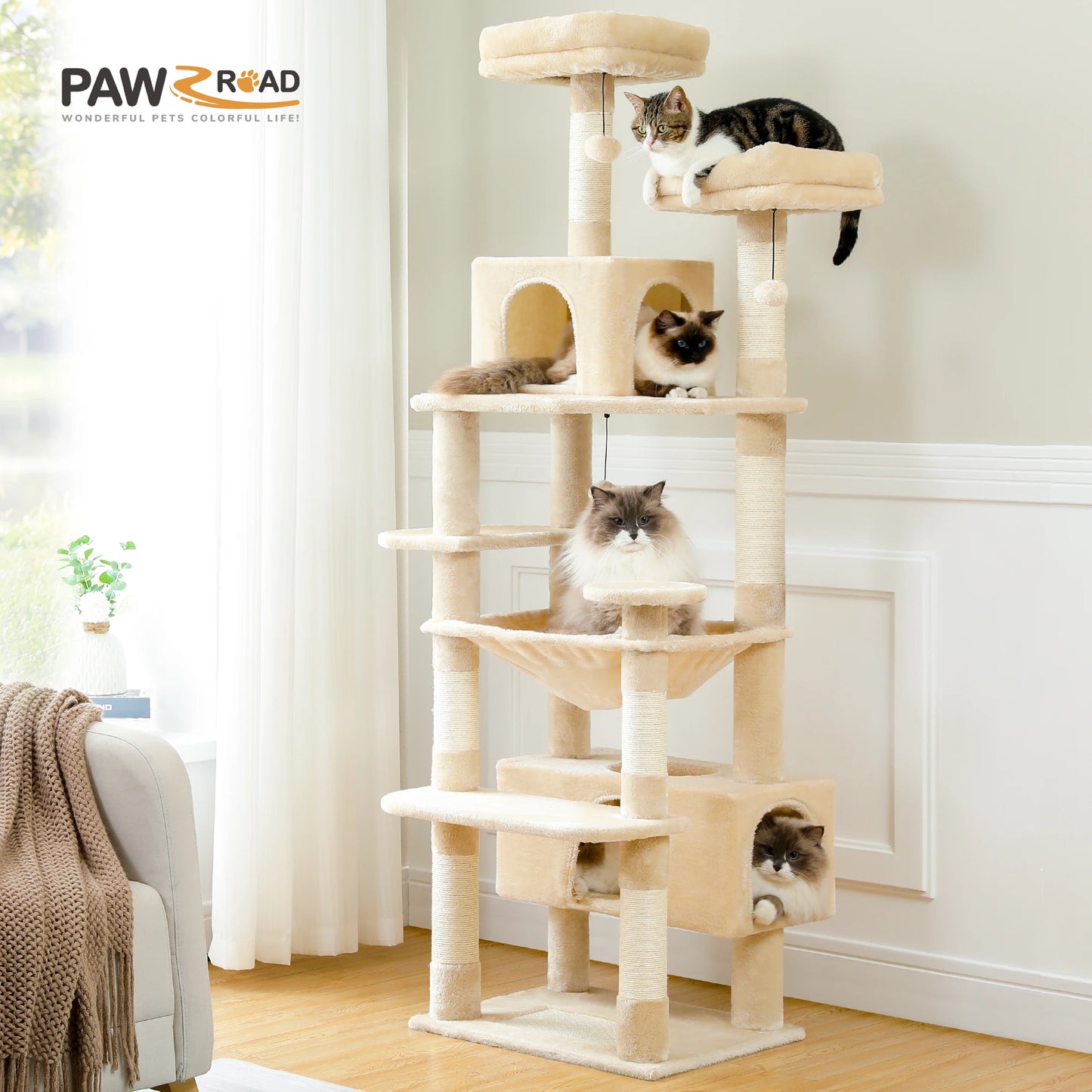 PEQULTI Multi Level Cat Tree Tower Scratching Posts Hammock Condo