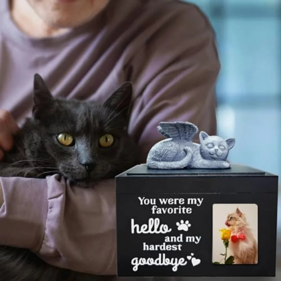 Cat Urn For Ashes Wooden Cremation Urn With Angel Statue