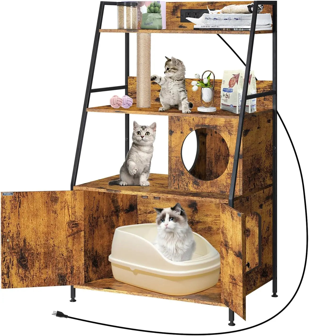 Closure Cat Litter Box Enclosure With Shelves And Charging Station