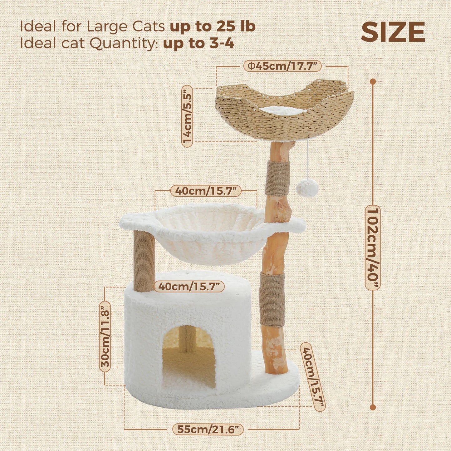 PAWZ Road Modern Cat Tree Tower With Natural Solid Wood Scratching Posts And Basket