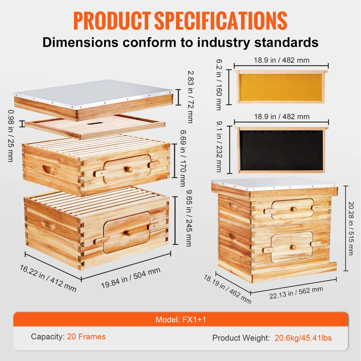 SucceBuy Natural Cedar Wood Langstroth Beehive Kit With Acrylic Windows
