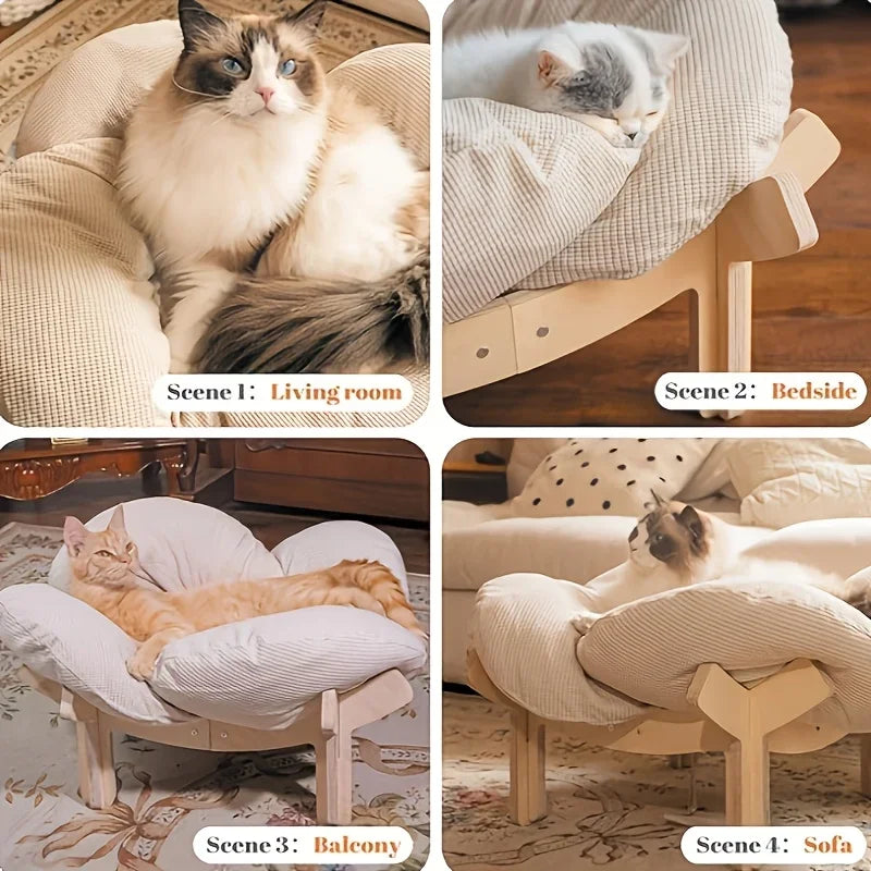 Raised Wooden Cat Bed With Soft Cushion For Indoor Use And Small Dogs