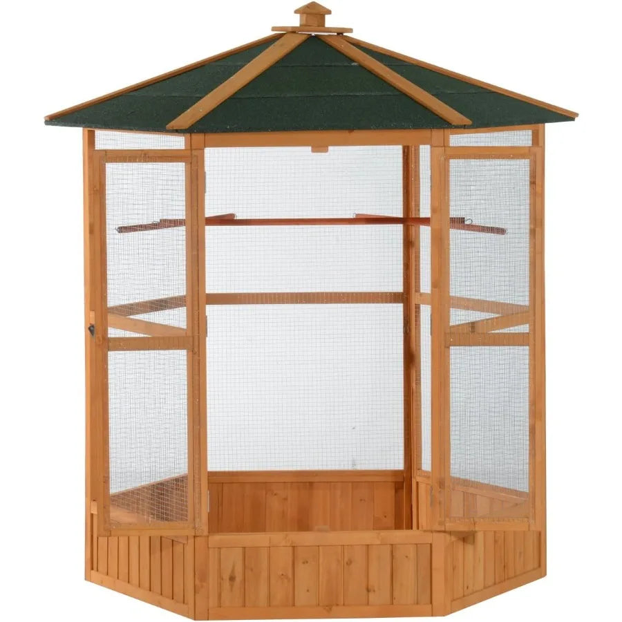 CN Guangdong Hexagonal Wooden Outdoor Aviary With Covered Roof For Backyard Birds