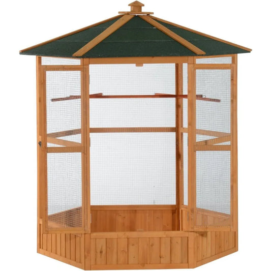 CN Guangdong Hexagonal Wooden Outdoor Aviary With Covered Roof For Backyard Birds