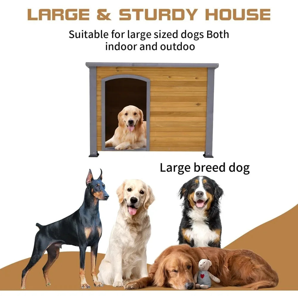 Outdoor Weatherproof Wooden Dog House Kennel for Large Dogs Indoor Outdoor Shelter