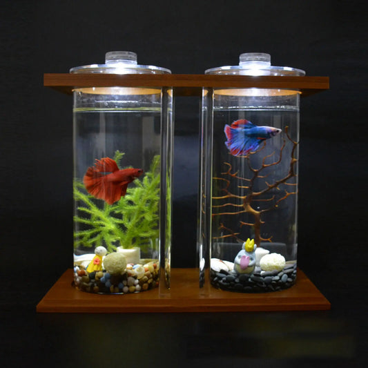 Hign-concerned Glass Betta Tank With Bamboo Base Desktop Aquarium