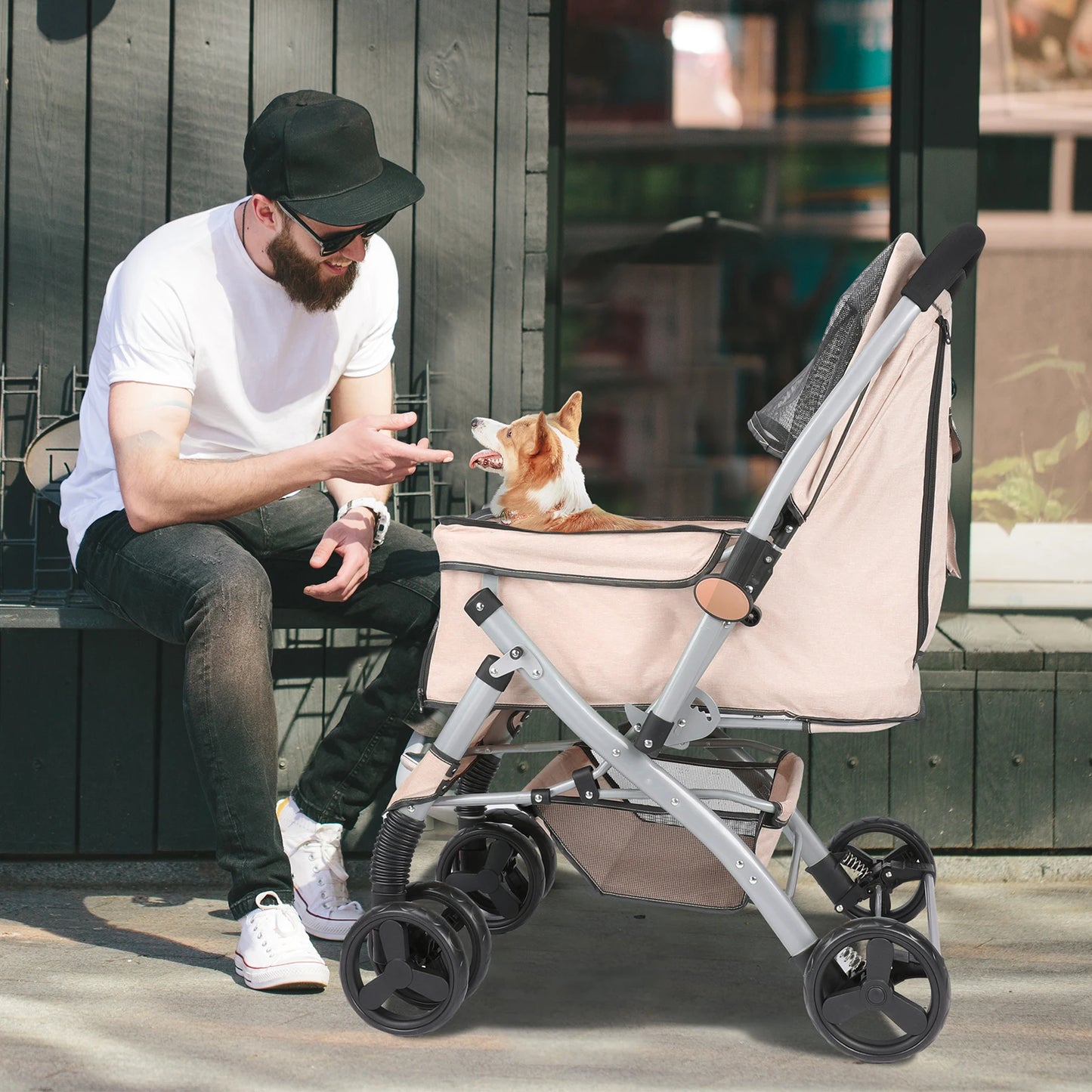 Wedyvko Foldable Cat Dog Stroller Detachable Easy Assembly Pet Travel Carrier With Shock Absorption Dirt Resistant