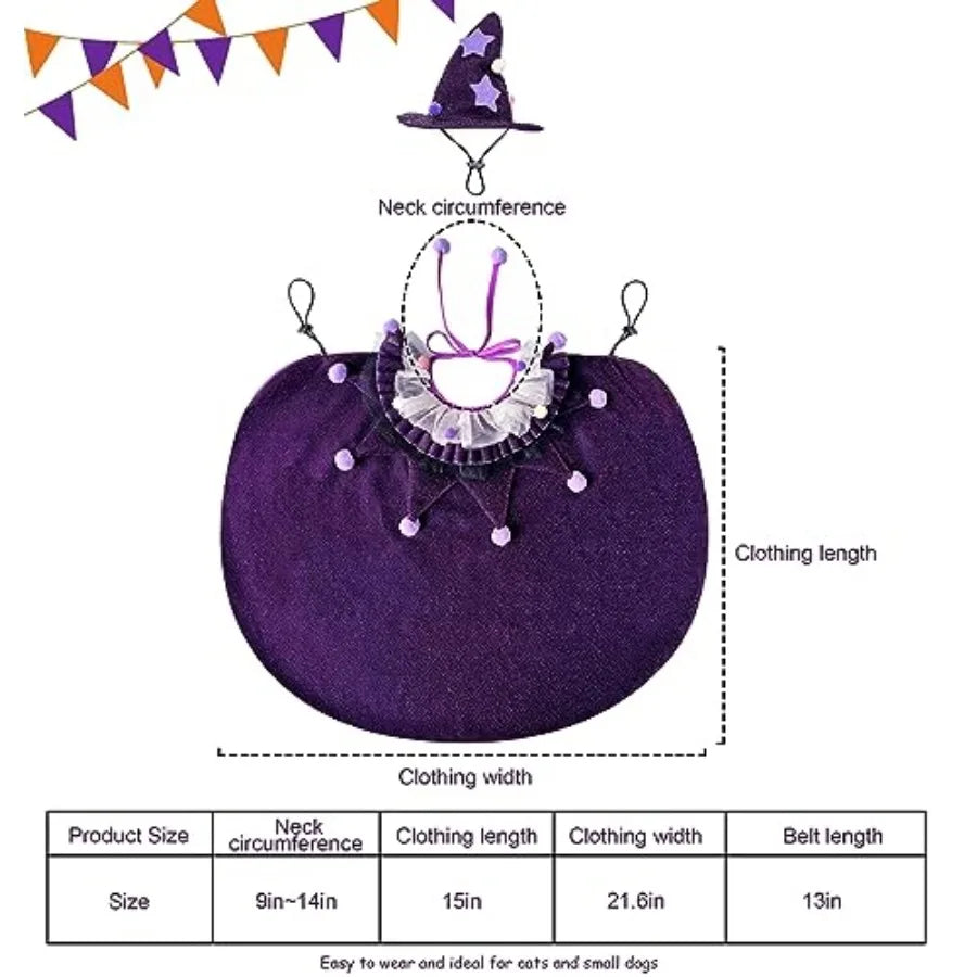 Pet Halloween Costume Wizard Cloak With Hat For Cats And Small Dogs