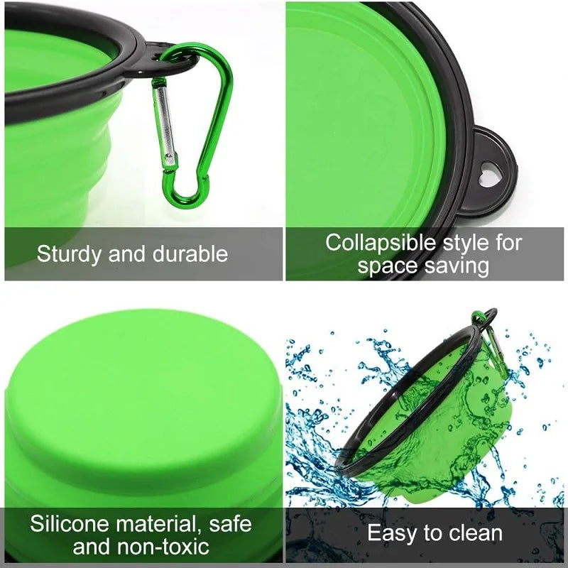 Foldable Portable Dog Feeder Bowl 2-In-1 Travel Dispenser With Carabiner