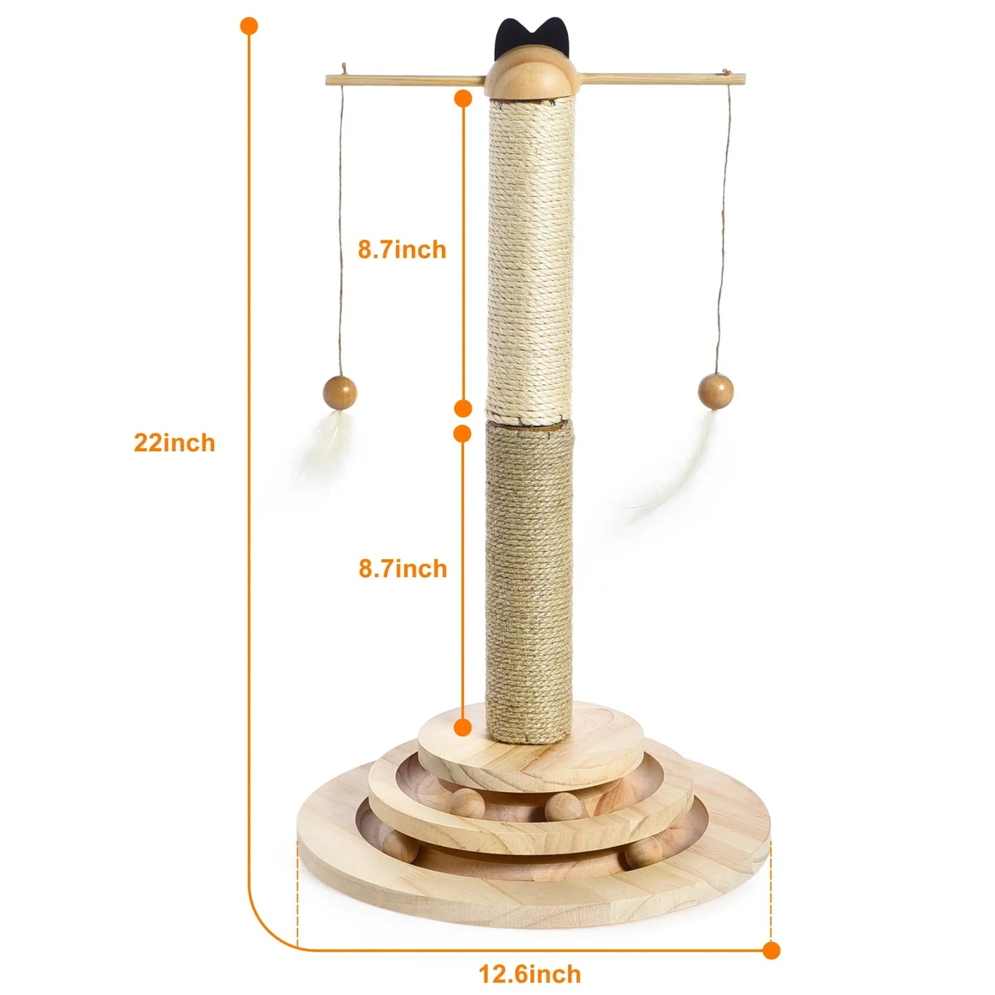 Interactive Cat Scratching Post With 2 Tier Ball Track And Hanging Feathers