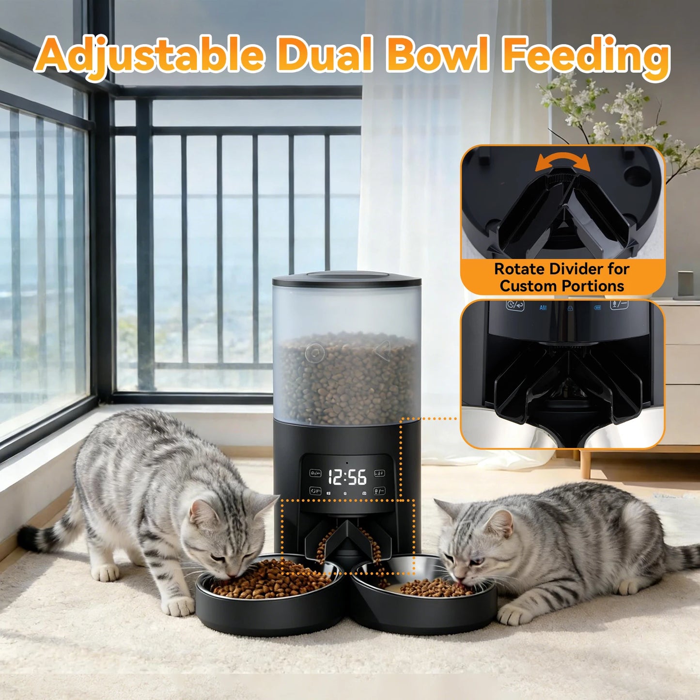 Automatic Cat Feeder Dual Power Supply With 2 Stainless Bowls