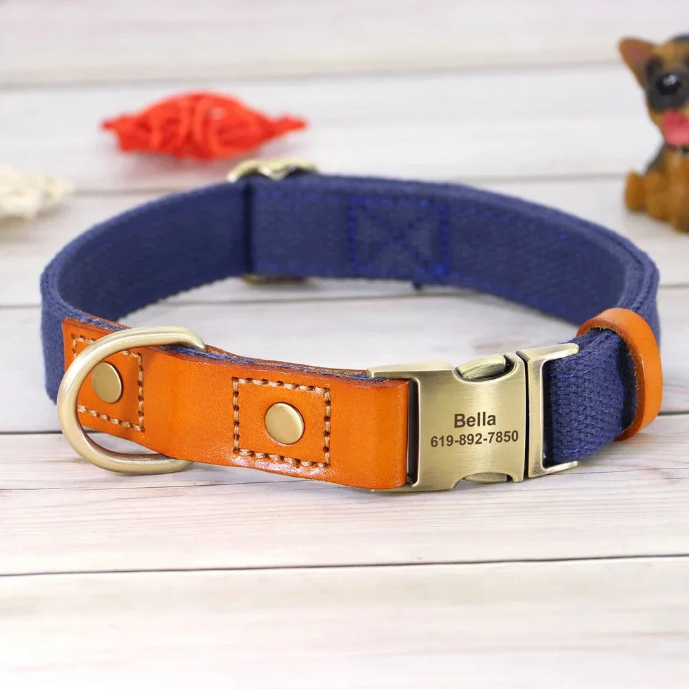 Nylon Dog Collar Leash Set With Personalized Genuine Leather Nameplate ID Tag