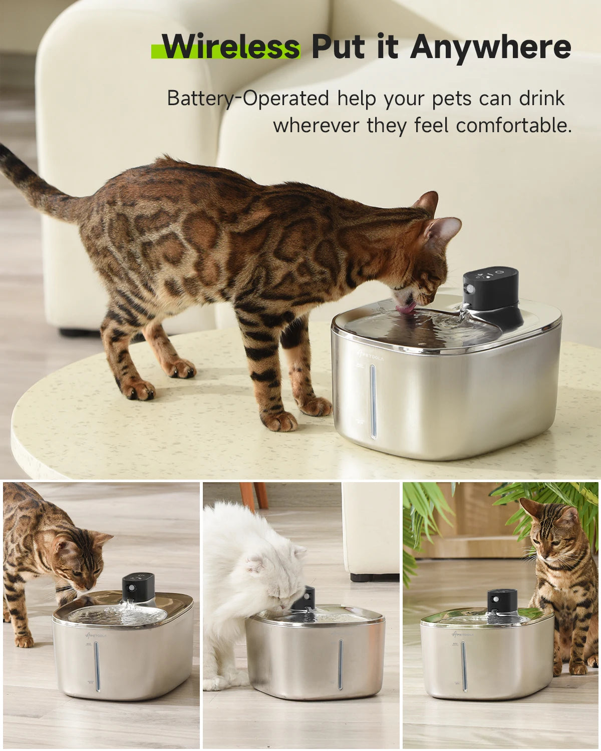 APD APETDOLA Wireless Cat Water Fountain Stainless Steel 4L