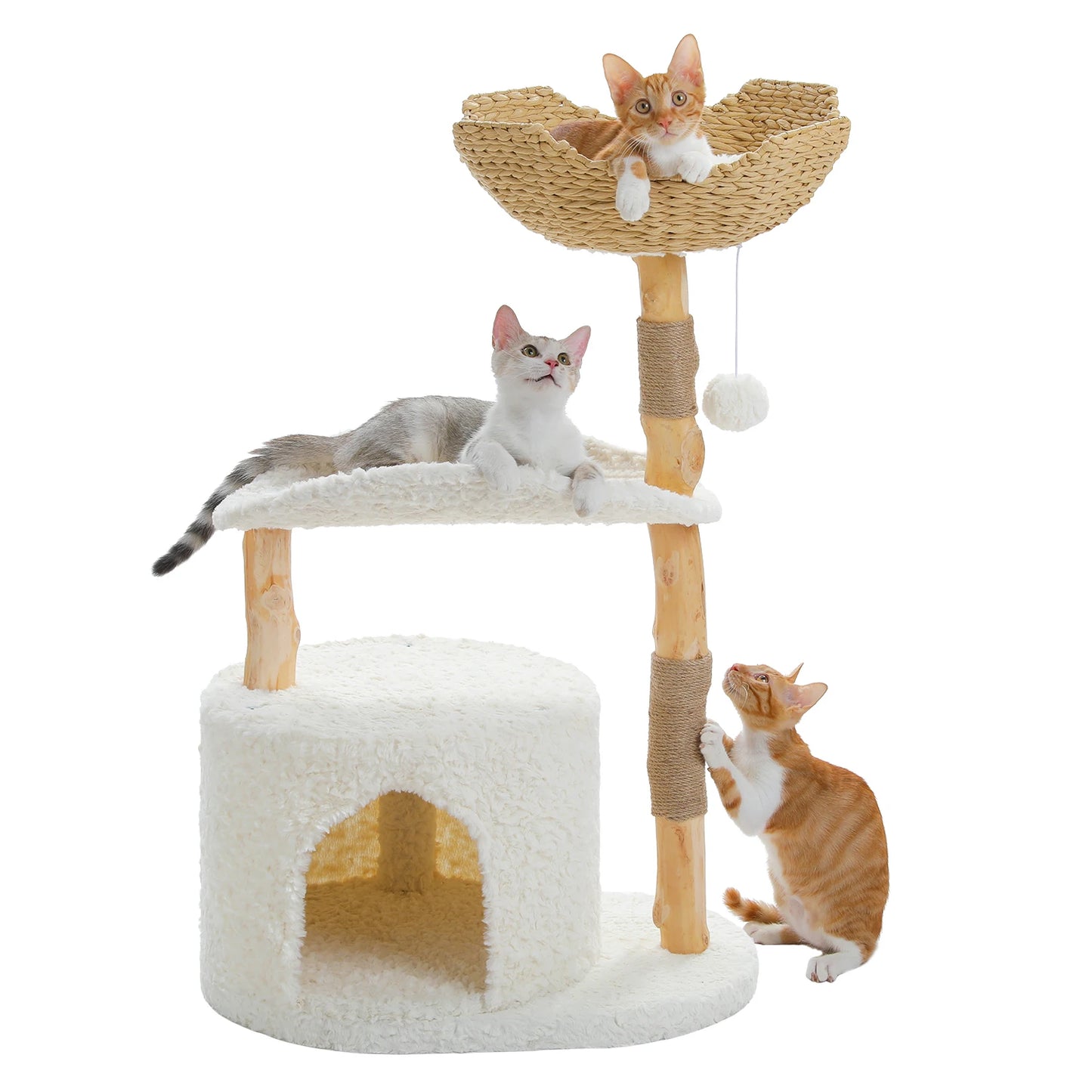 PAWZ Road Modern Cat Tree Tower With Natural Solid Wood Scratching Posts And Basket