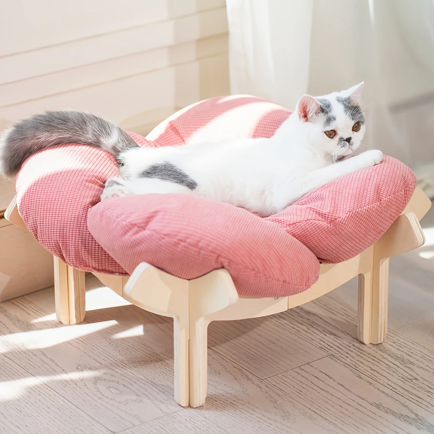 Raised Wooden Cat Bed With Soft Cushion For Indoor Use And Small Dogs