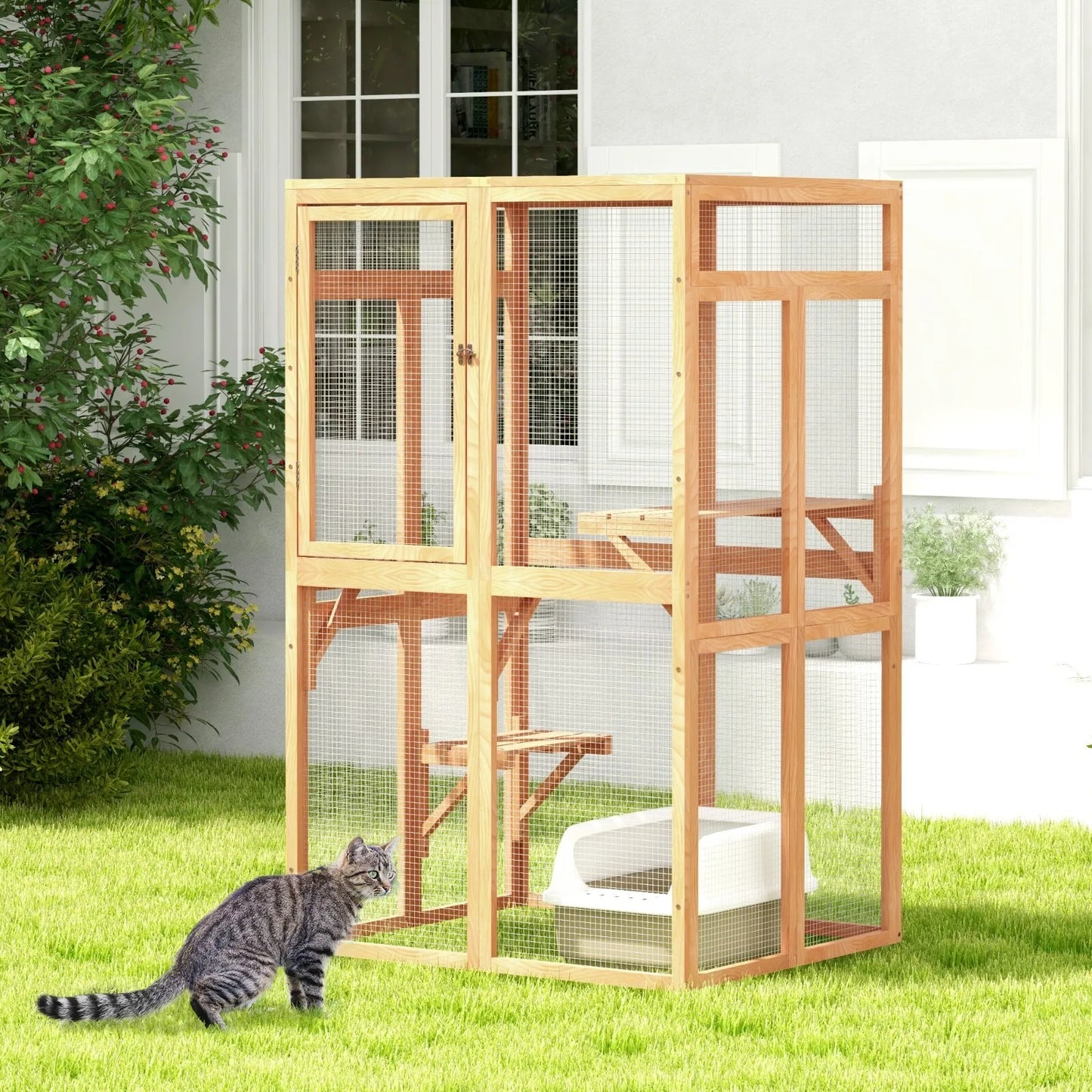 Wooden Outdoor Catio Enclosure With Window Access And Three Platforms