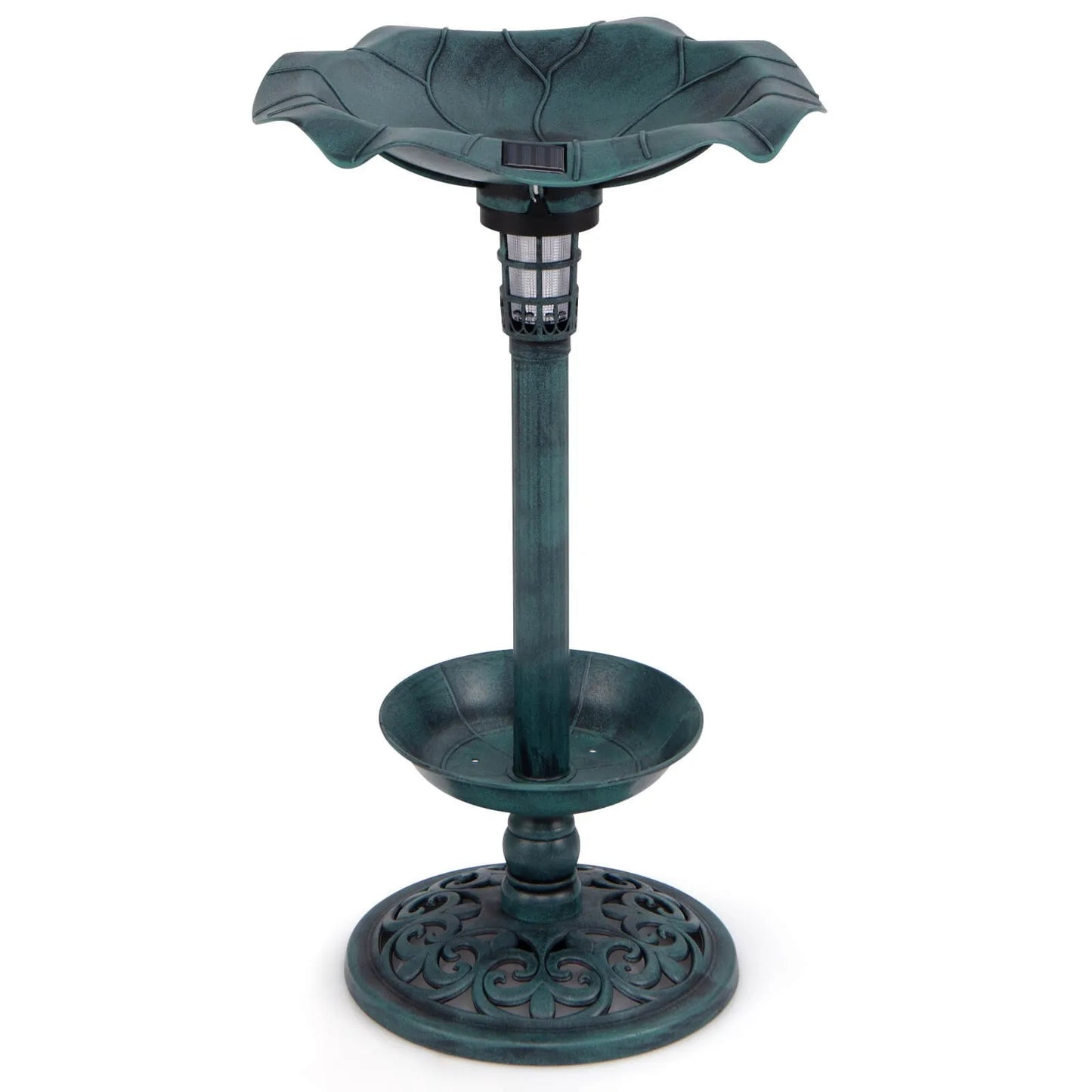 Solar Bird Bath Pedestal With Lotus Leaf Bowl And Feeder