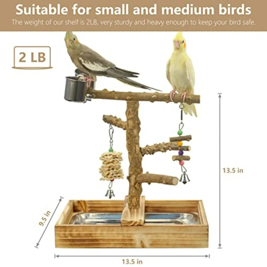 Natural Wood Bird Playground With Perches Stainless Steel Cups