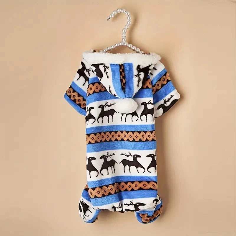 NONECN Reindeer Graphic Pajamas Hooded Jumpsuit For Puppy Dogs