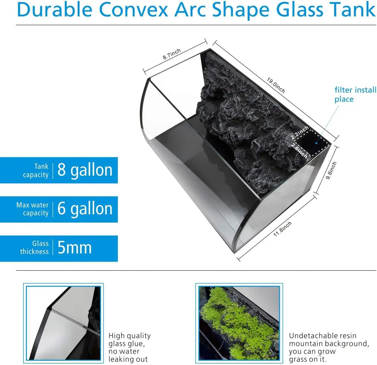 Curved Glass Aquarium Kit With LED Light And Filter