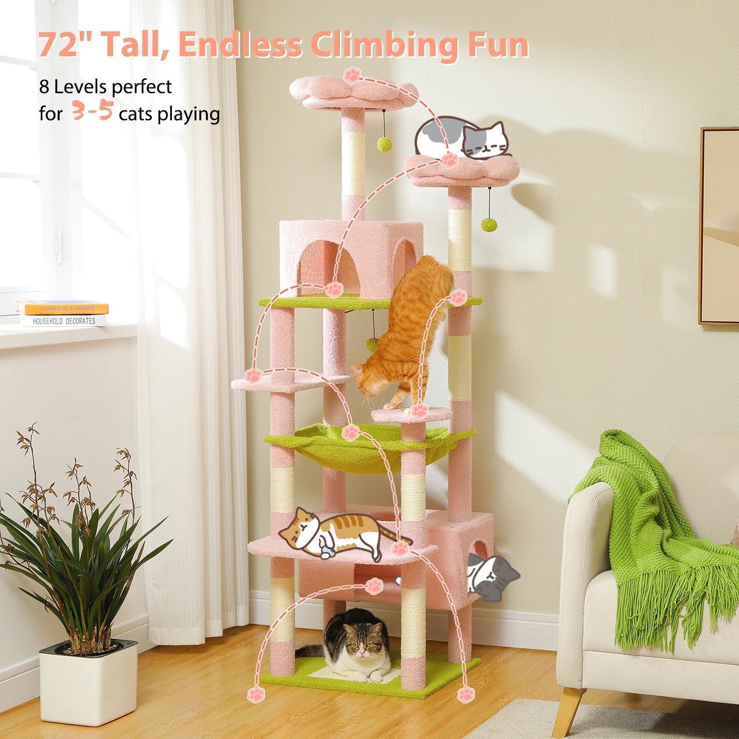 PEQULTI Multi Level Cat Tree Tower Scratching Posts Hammock Condo