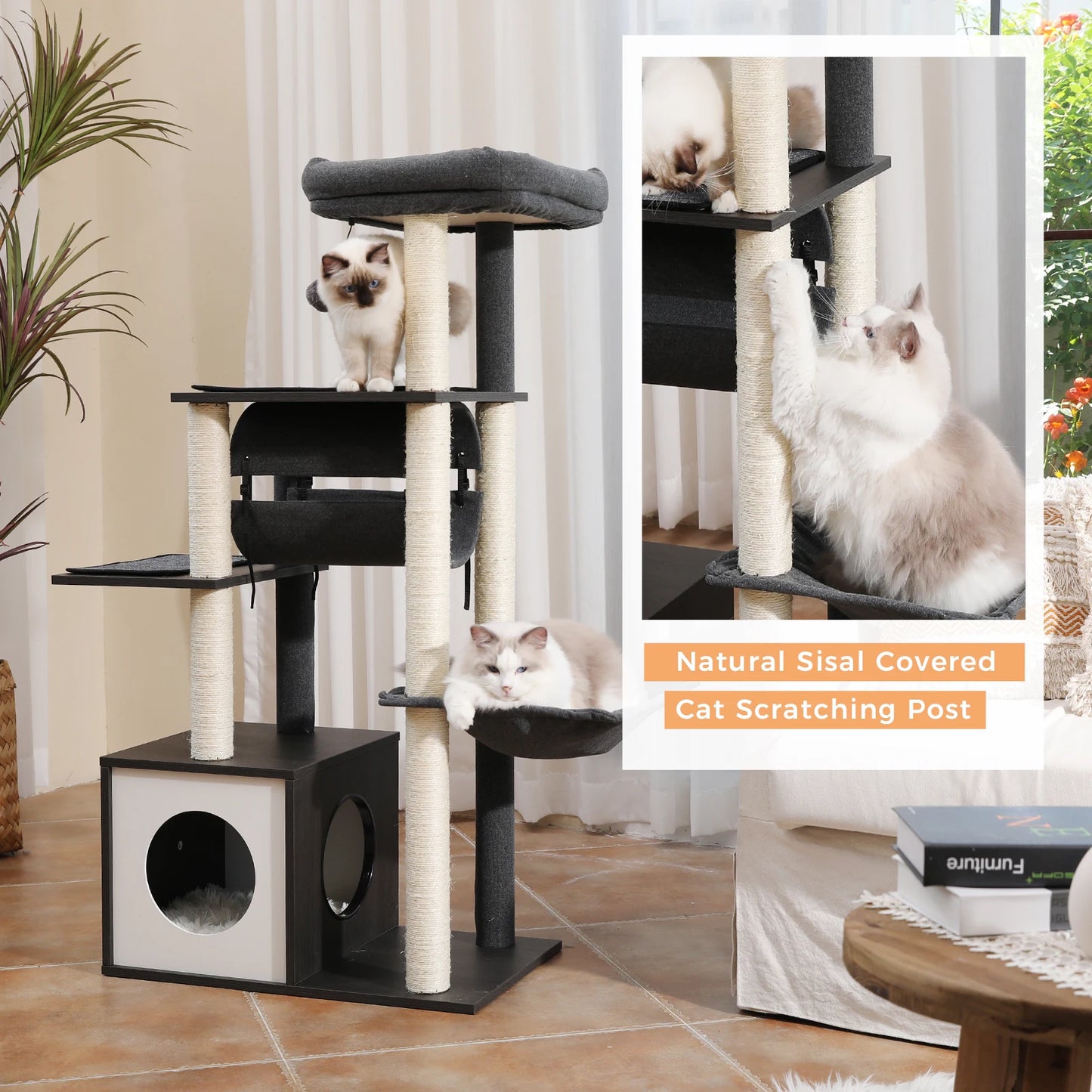 PAWZ Road Multi-Level Wood Cat Tree With Tunnel Scratching Post
