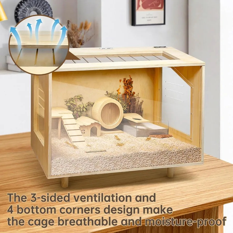 Wooden Hamster Cage With Open Top Habitat And Acrylic Pan