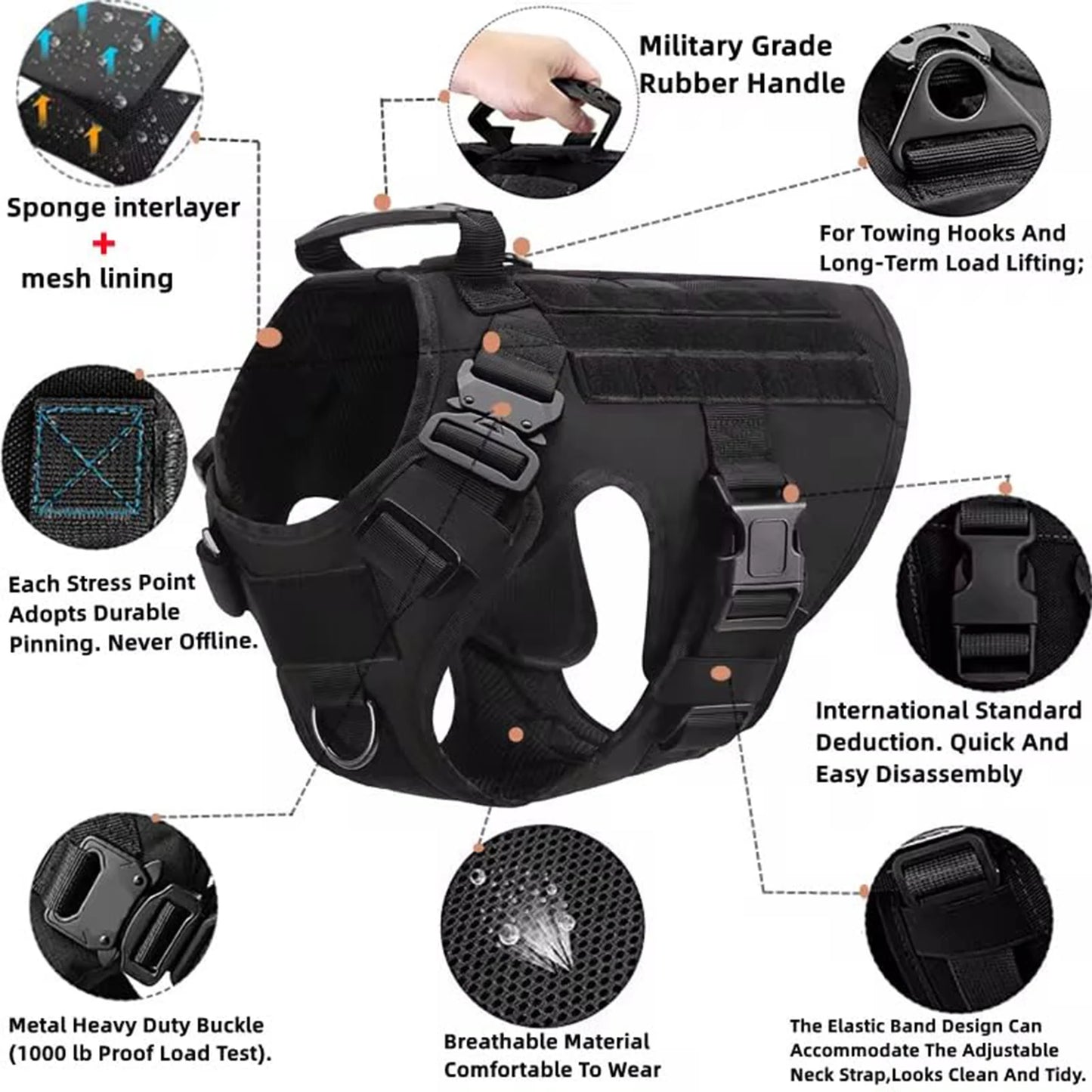 Nylon Tactical Dog Harness With Molle Pouches For Medium To Large Dogs