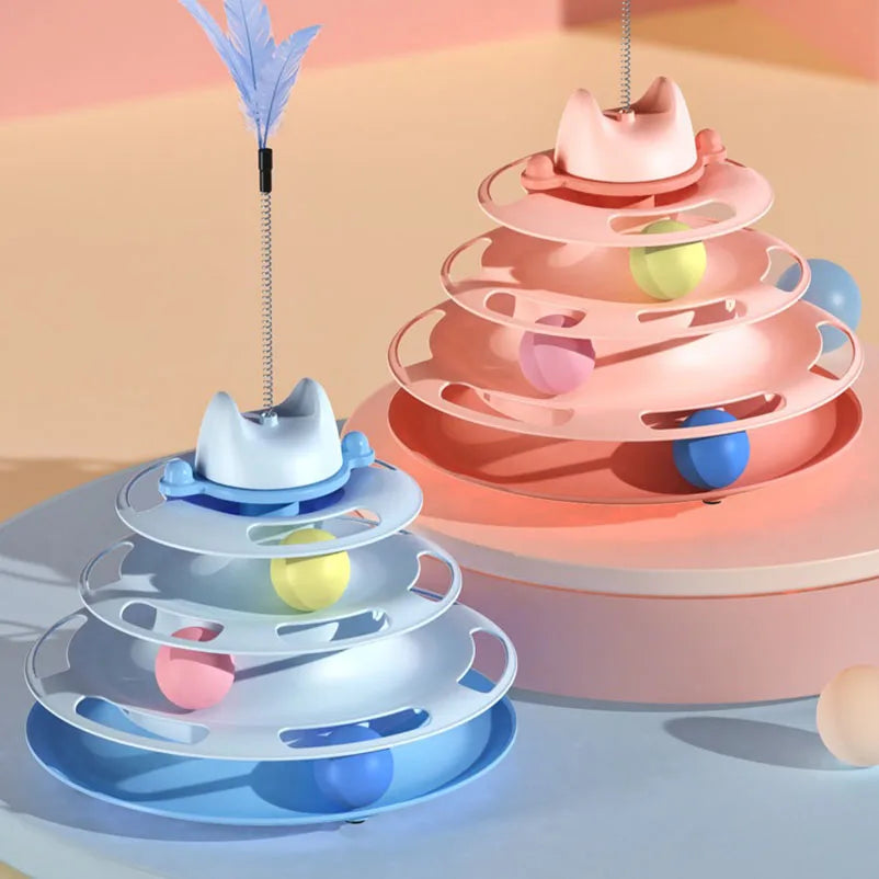 Interactive Cat Toy Tower Kitten Turntable Track Roller Balls Feather