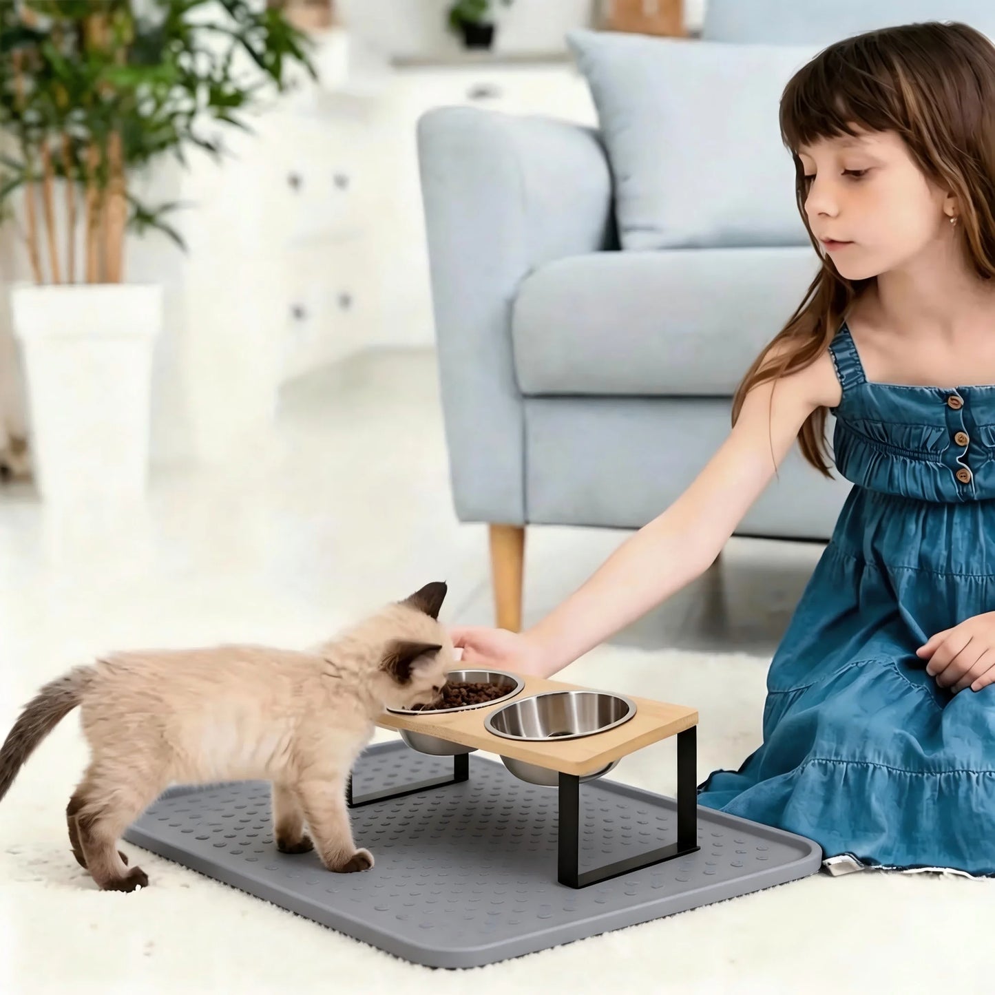 Elevated Tilted Cat Bowls With Wooden Stand And Stainless Steel Bowls