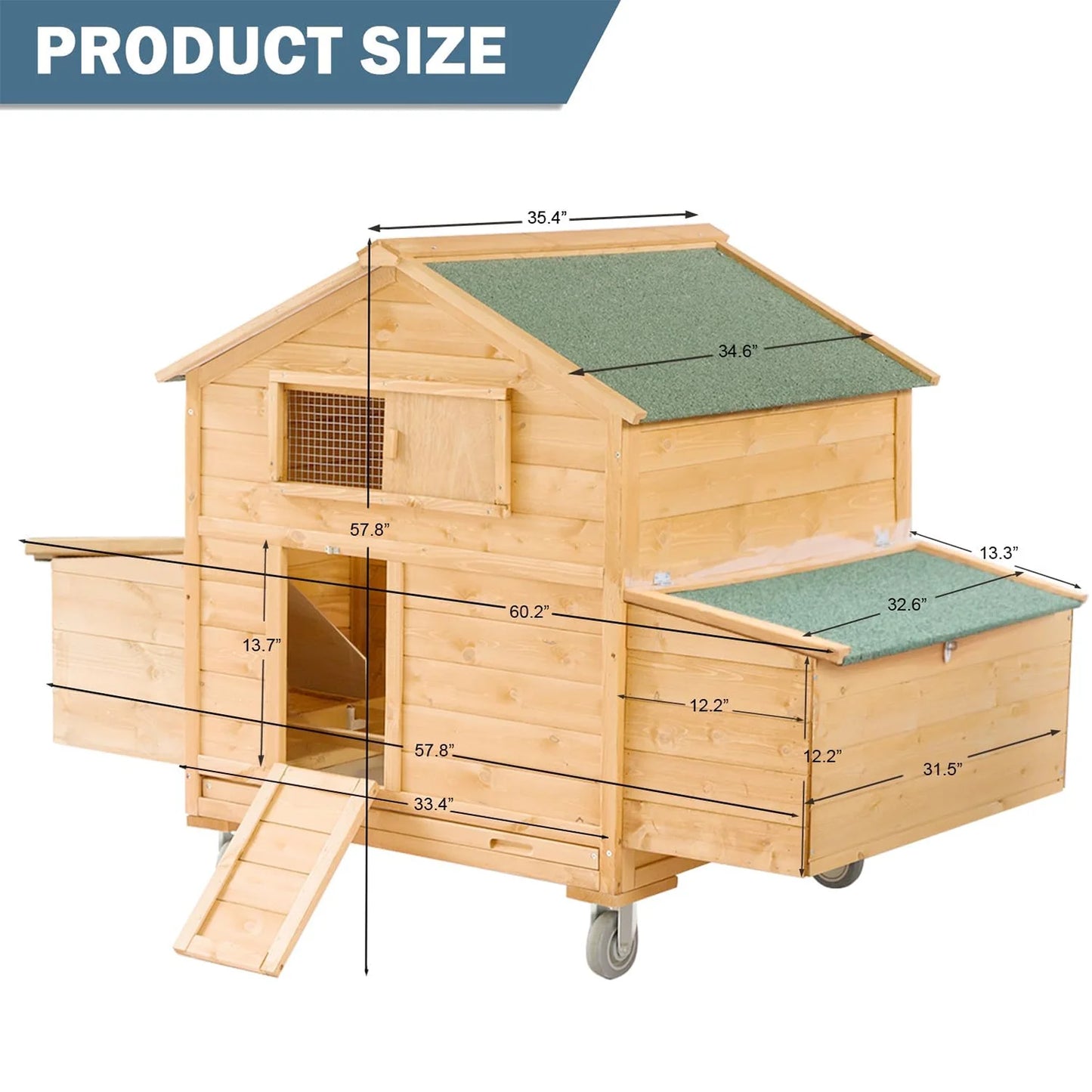 Mobile Wooden Chicken Coop on Wheels for 6-8 Chickens