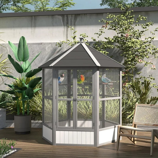 RBX Wooden Hexagonal Outdoor Aviary With Covered Roof
