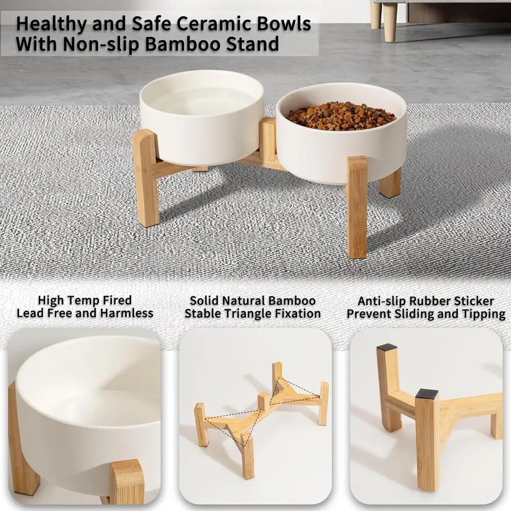 Raised Dog Bowls With Non Slip Bamboo Stand Double Feeding Bowls Set