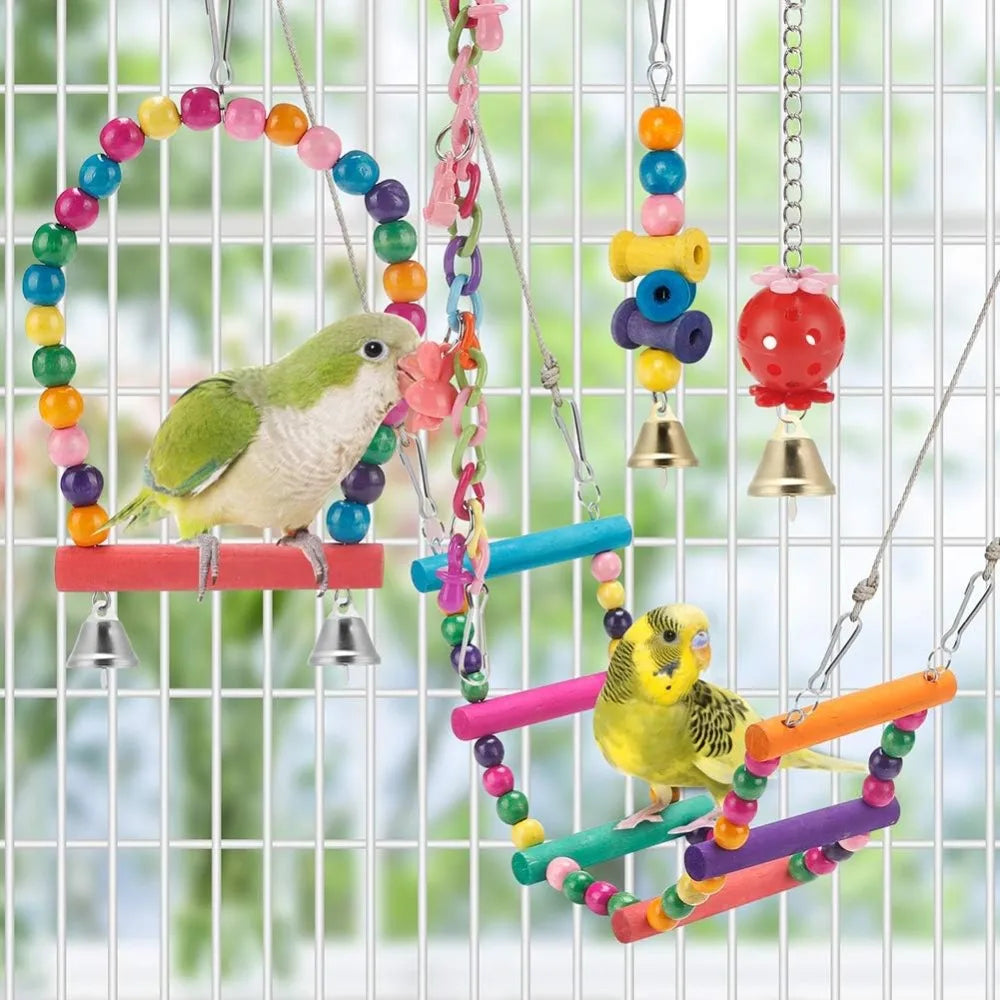 11 Piece Wooden Bird Toy Set For Parrots Budgies Playtime