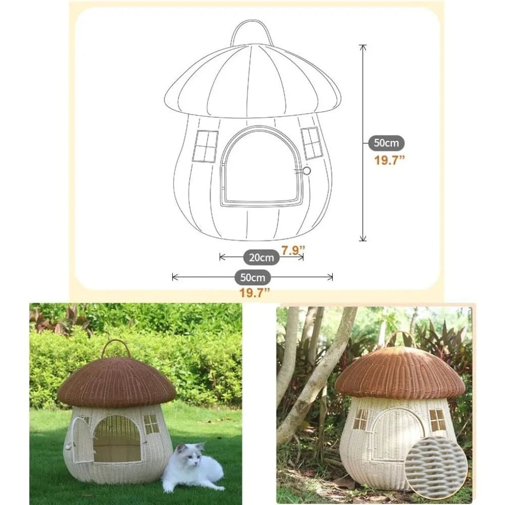 High Concerned Dual Use Pet Nest Mushroom House Raised Cat Bed For Indoor Use Hand Woven PP Rattan