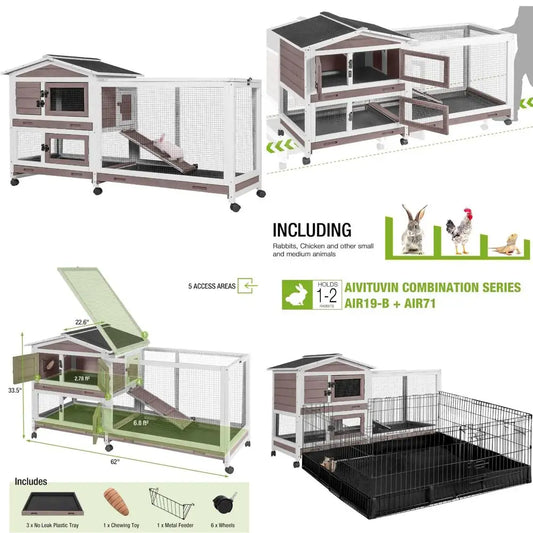 Chew Resistant Indoor Rabbit Hutch With Ramp And Wheels