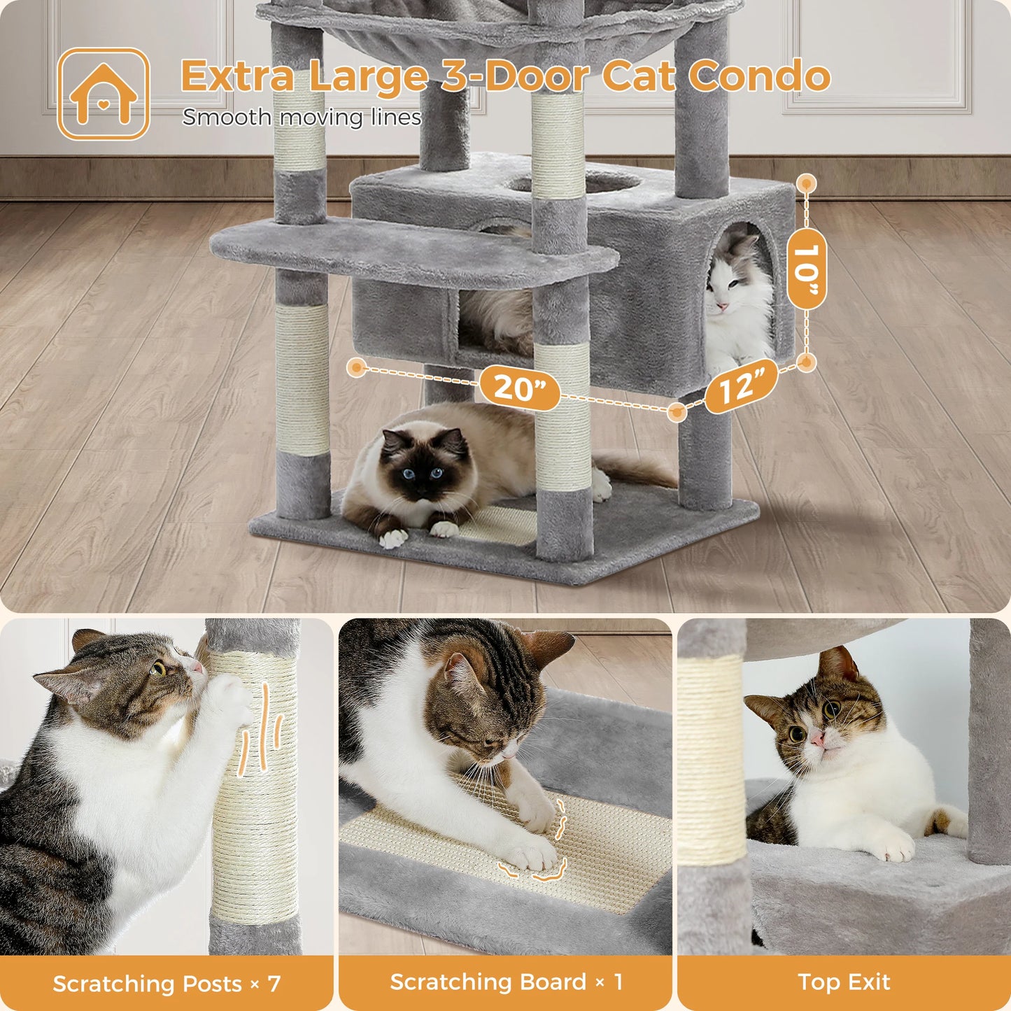 PEQULTI Multi Level Cat Tree Tower Scratching Posts Hammock Condo