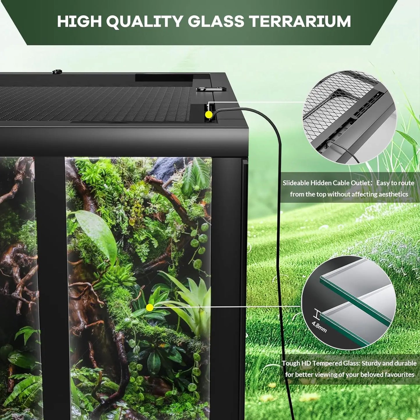 HiMISSH Reptile Glass Terrarium With Top And Side Screen VentilationSecurityFeatures