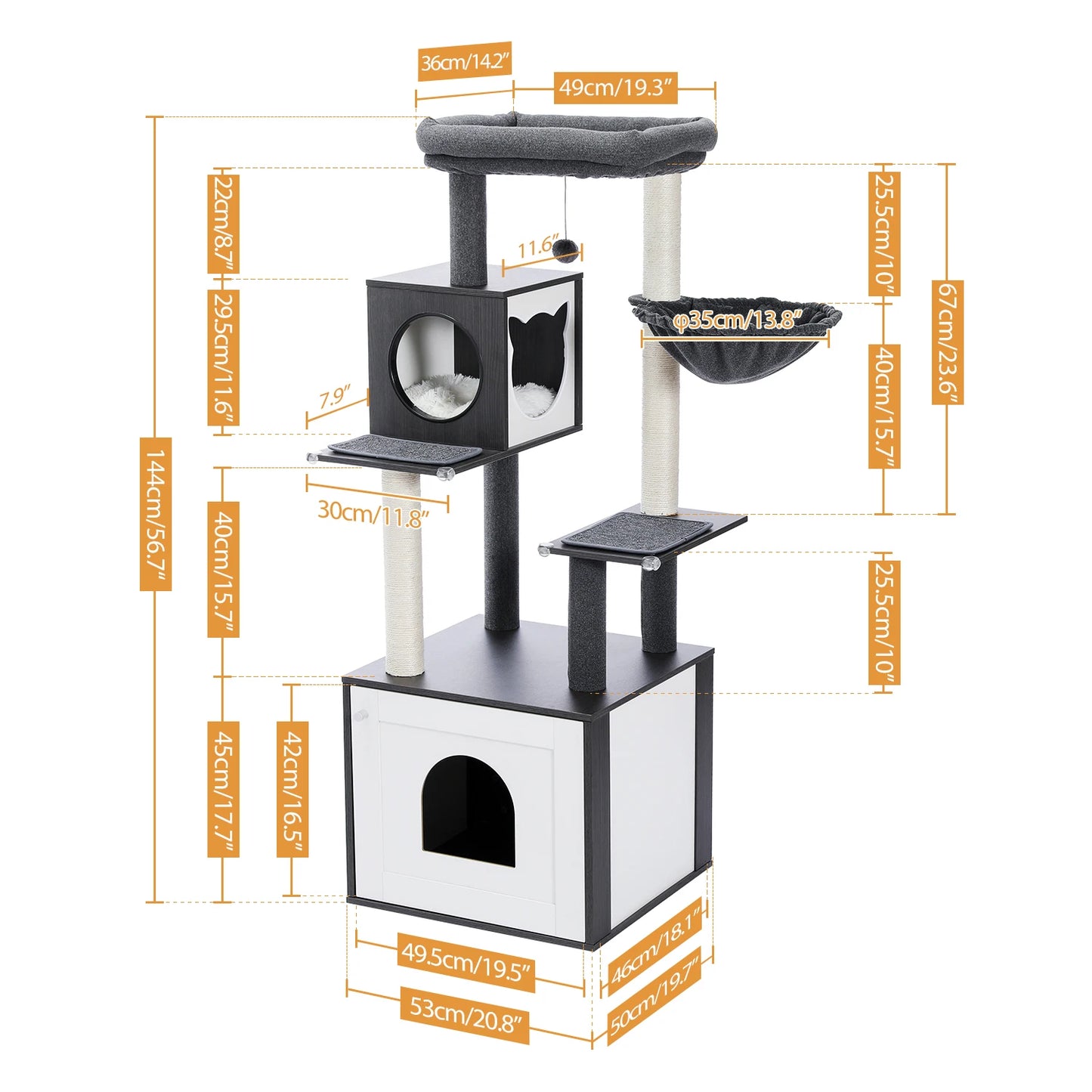 PEQULTICN Cat Tree Tower Litter Box Wood Structure With Hammock