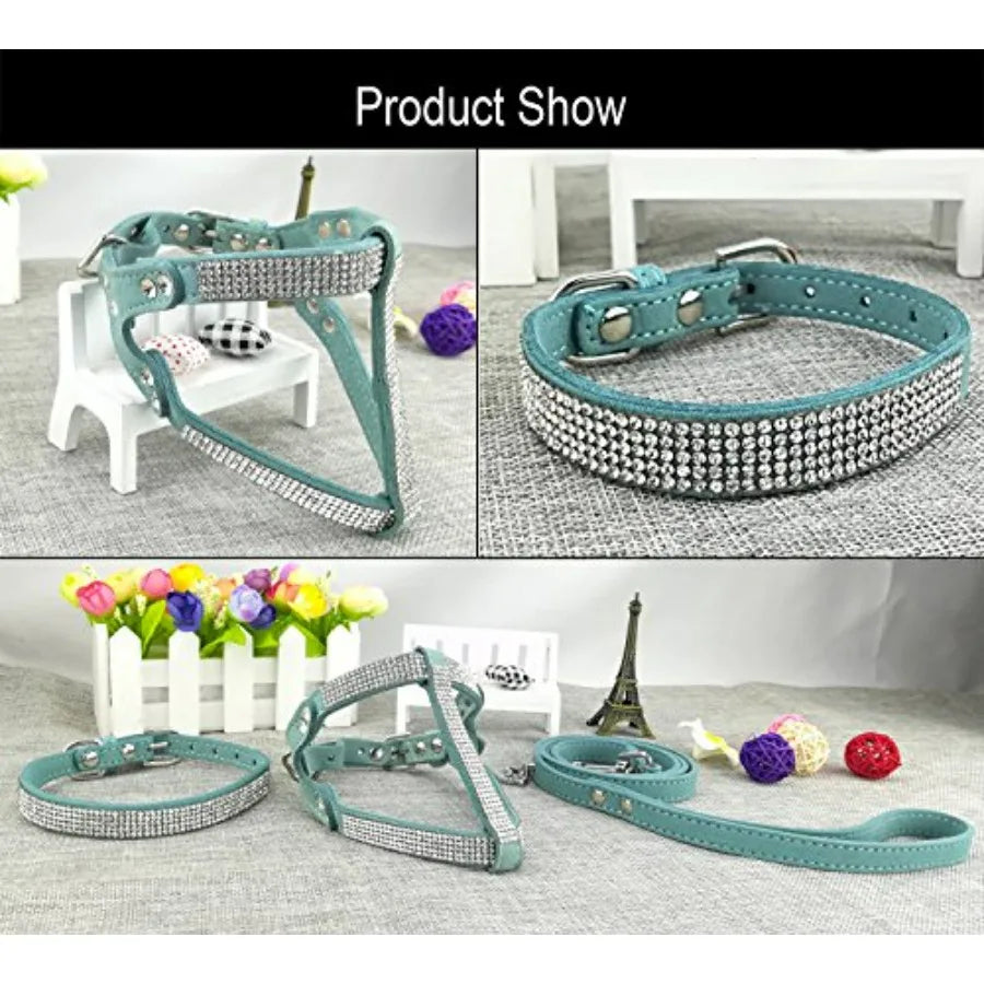 Dog Collar Harness And Lead Set Diamante With Leashes