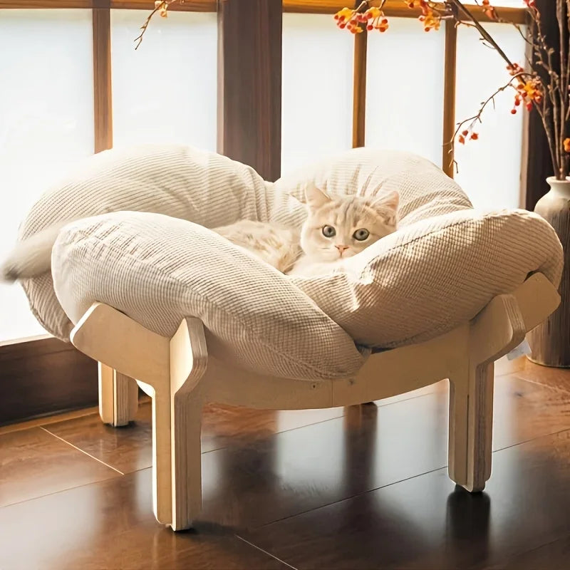 Raised Wooden Cat Bed With Soft Cushion For Indoor Use And Small Dogs