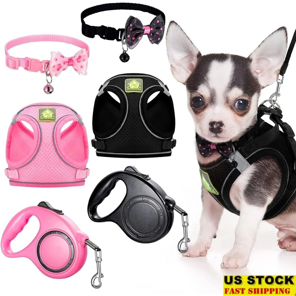 XMSJ 6 Pcs Dog Harness Set With Retractable Leashes Bowknot Collars Mesh Vest