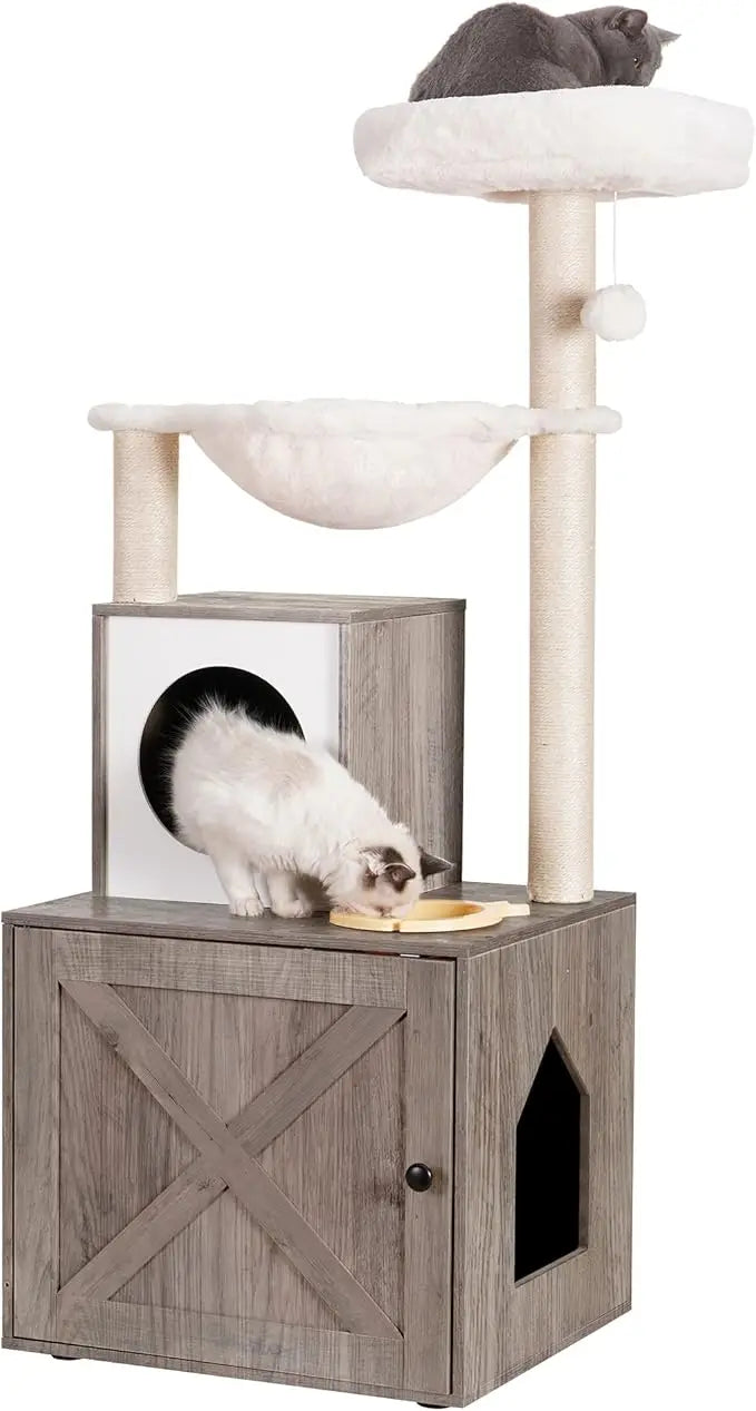 XMSJ All-In-One Cat Tree With Litter Box Enclosure And Food Station