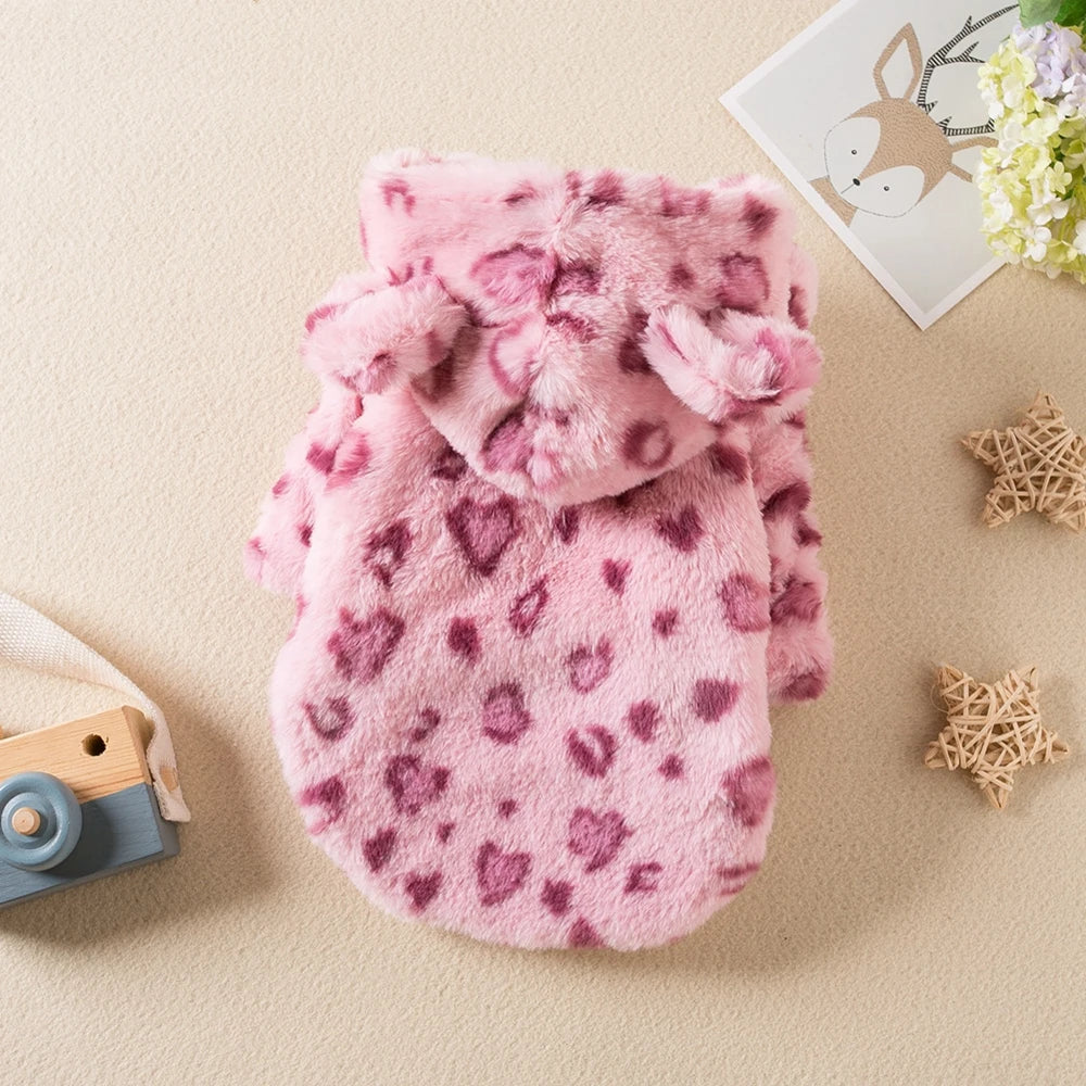 Winter Fleece Dog Hoodie Leopard Pattern Coat for Dogs