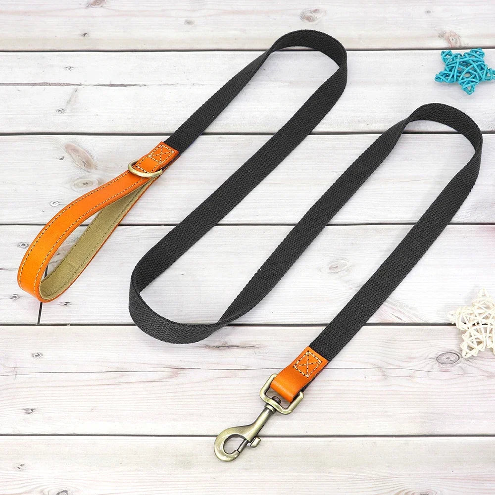 Nylon Dog Collar Leash Set With Personalized Genuine Leather Nameplate ID Tag