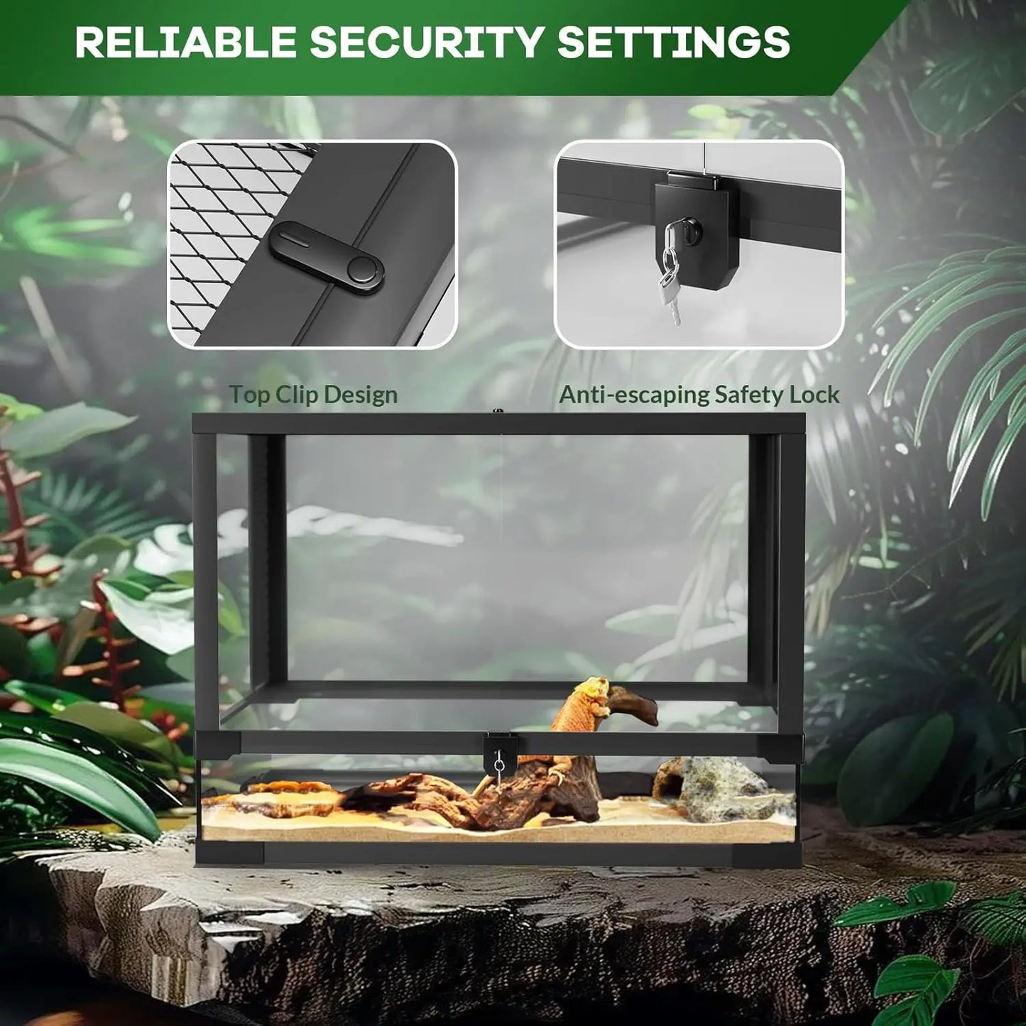 HiMISSH Reptile Glass Terrarium With Top And Side Screen VentilationSecurityFeatures