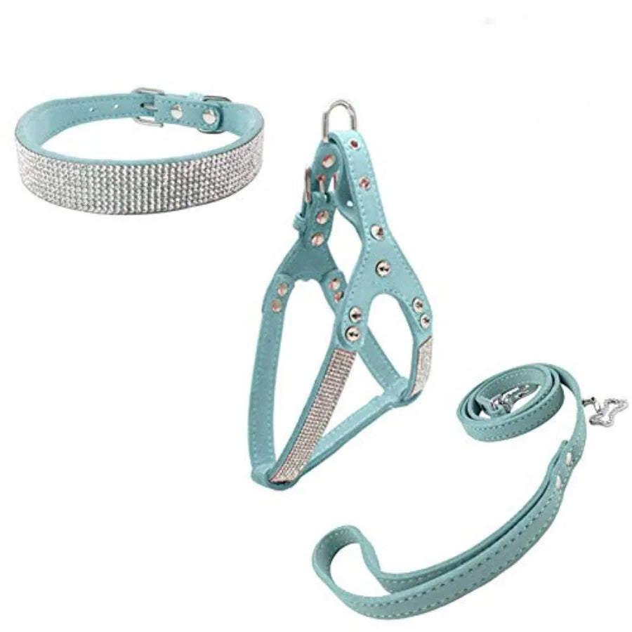 Dog Collar Harness And Lead Set Diamante With Leashes