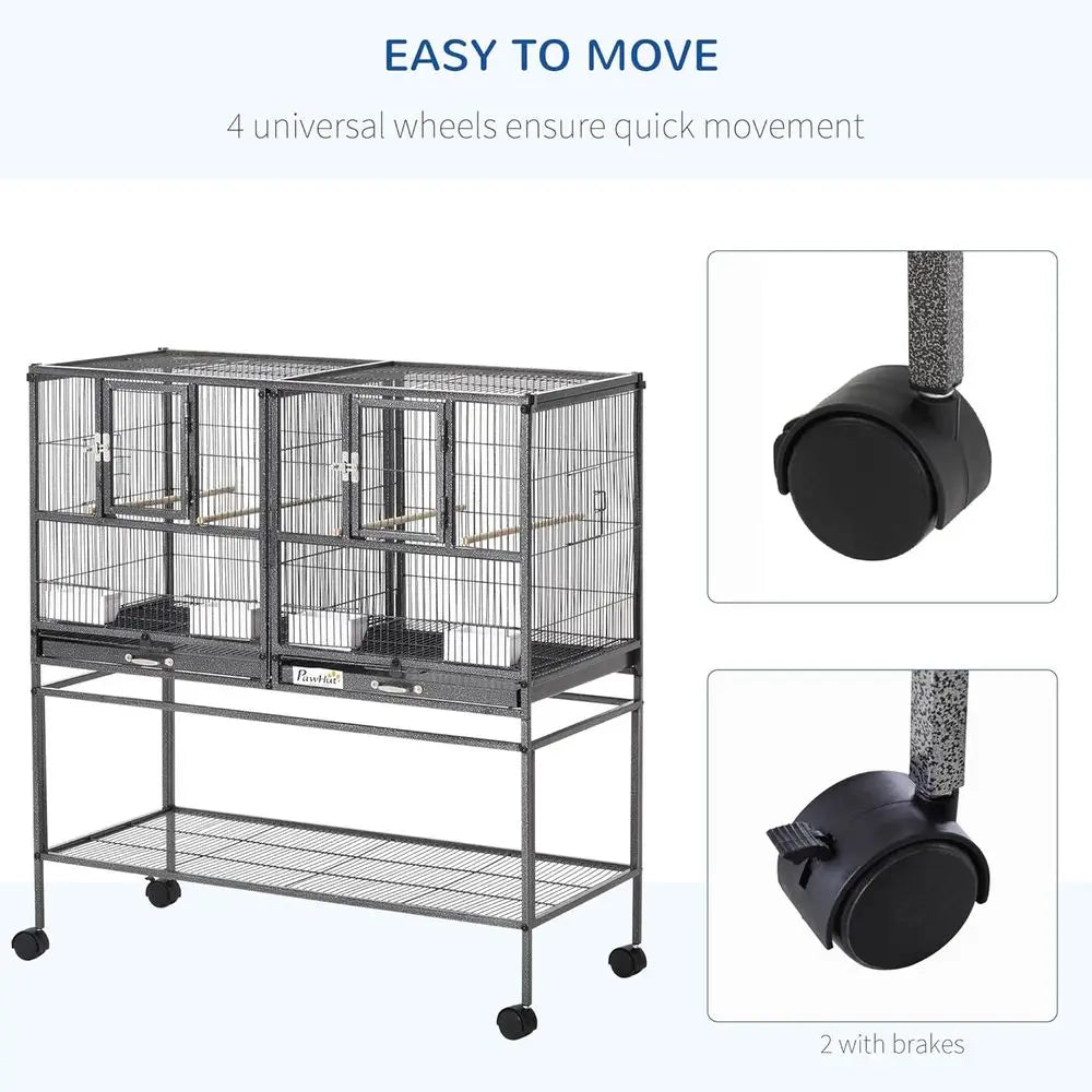 Divided Breeder Bird Cage With Rolling Stand And Removable Metal Tray