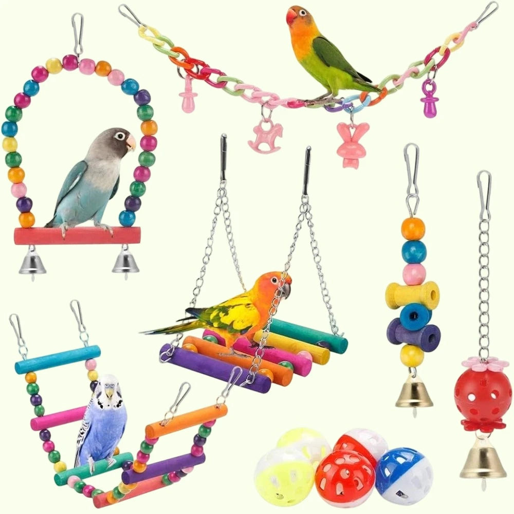 11 Piece Wooden Bird Toy Set For Parrots Budgies Playtime